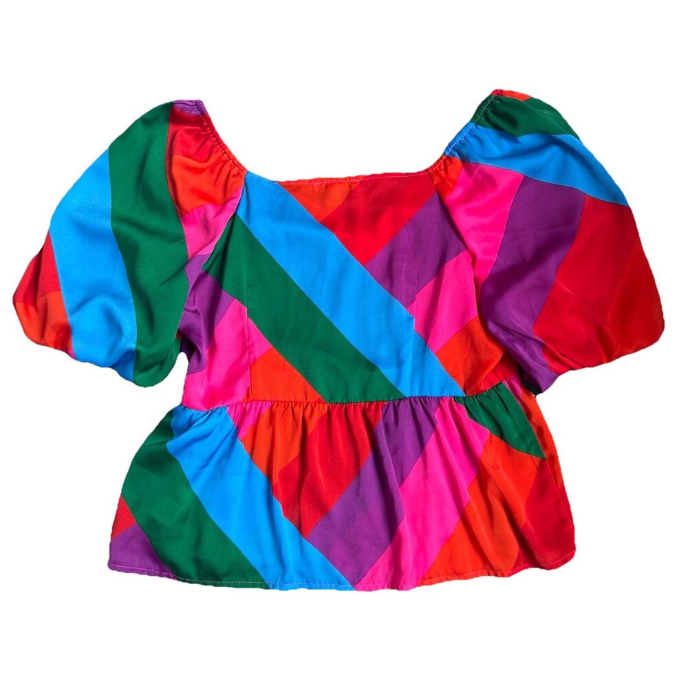 Skies Are Blue Women's Vibrant Color Block Puff Sleeve V-neck Peplum Top Sz L - Picture 6 of 6